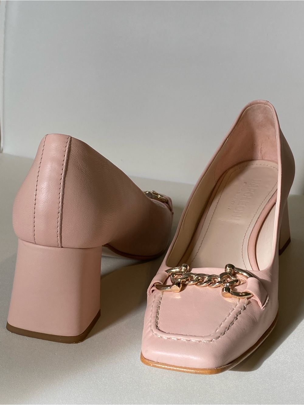 Pink Block Heel Pumps with Gold Chain Accent